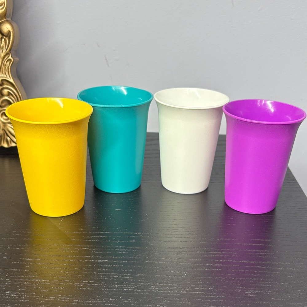 Vintage Tupperware Cups— Yellow, Teal, White, Purple